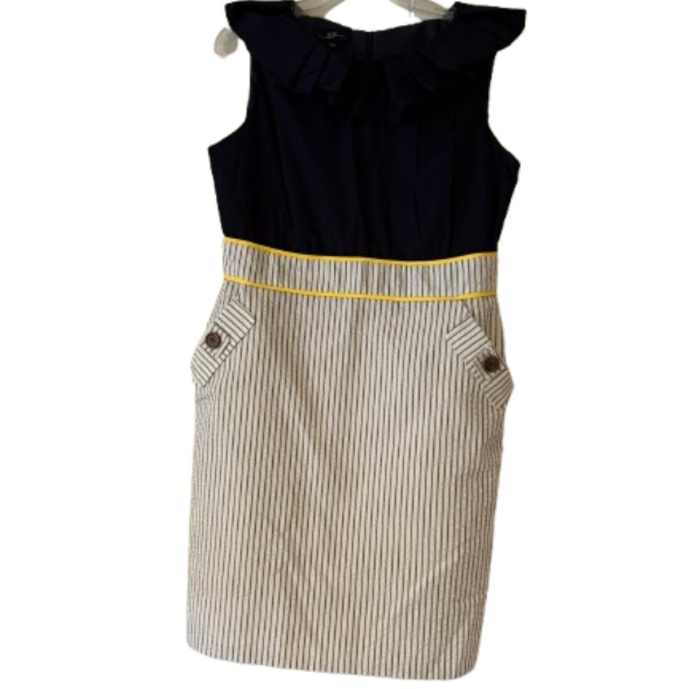 AGB One Piece Dress - Ruffle Collar, Sleeveless Top, Vertical Stripe Skirt - 14